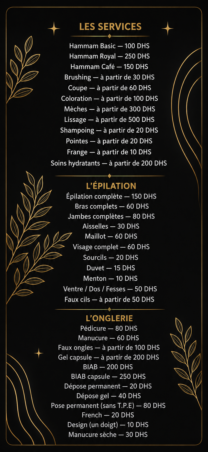 Carte des services et tarifs Hidden Zen